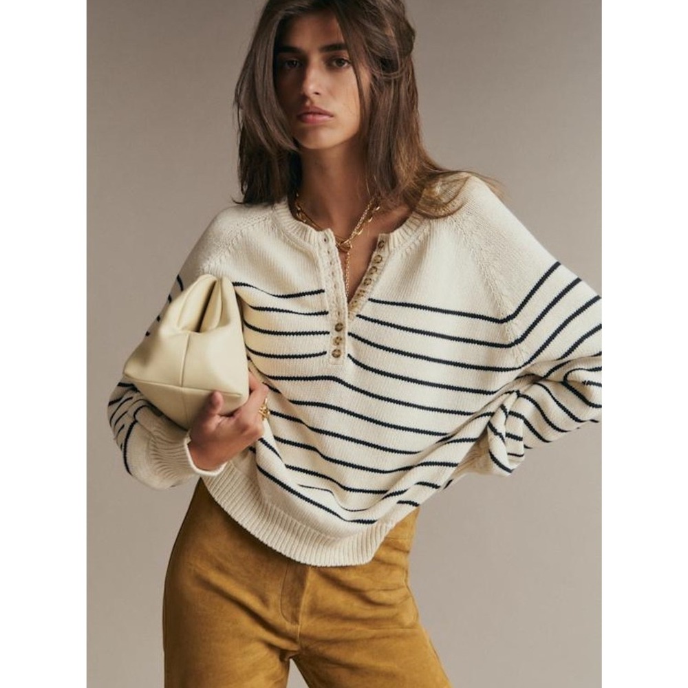 Sezane Cream Navy Striped Knit Léontine Jumper Sweater S French Girl Elevated